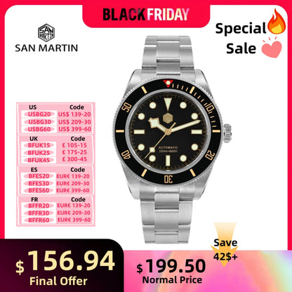 San Martin 40mm NH35 Automatic Men Diving Watch 20ATM Waterproof BB58 Sapphire Wristwatch BGW-X1 C3 Luminous Clock Reloj SN0008C