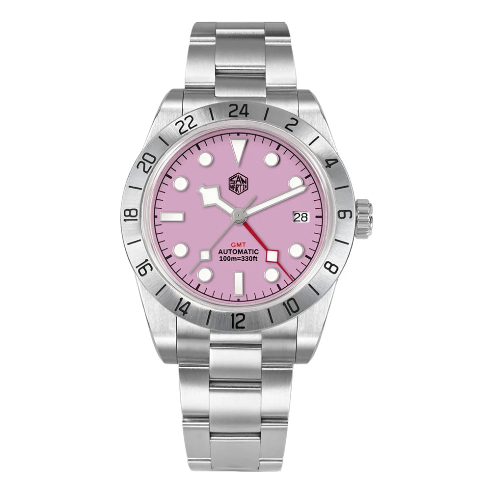 San Martin Pink Dial BB GMT NH34 39mm Classic Luxury Business Men Watch Automatic Mechanical Sapphire Waterproof Relojes SN0054