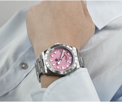 San Martin Pink Dial BB GMT NH34 39mm Classic Luxury Business Men Watch Automatic Mechanical Sapphire Waterproof Relojes SN0054