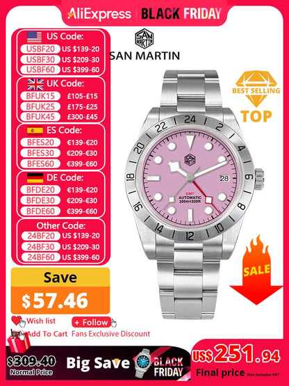 San Martin Pink Dial BB GMT NH34 39mm Classic Luxury Business Men Watch Automatic Mechanical Sapphire Waterproof Relojes SN0054