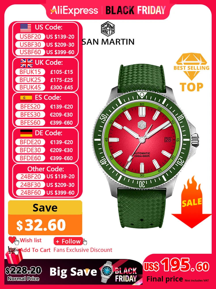 San Martin 40mm Dive Watch Original Design NH35 Automatic Mechanical Fashion Men Watch Sapphire Waterproof 200m Luminous SN0118