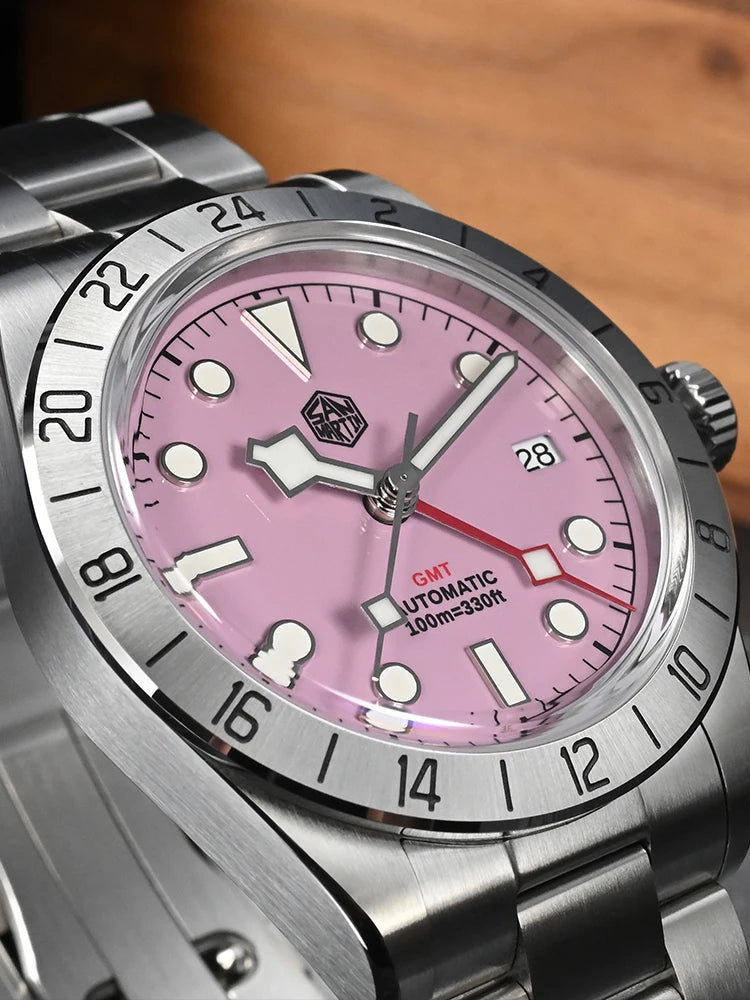 San Martin Pink Dial BB GMT NH34 39mm Classic Luxury Business Men Watch Automatic Mechanical Sapphire Waterproof Relojes SN0054