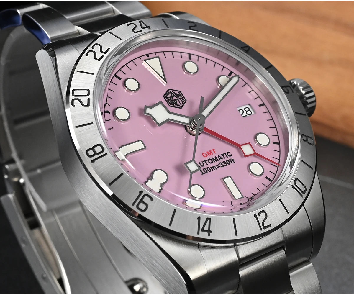 San Martin Pink Dial BB GMT NH34 39mm Classic Luxury Business Men Watch Automatic Mechanical Sapphire Waterproof Relojes SN0054