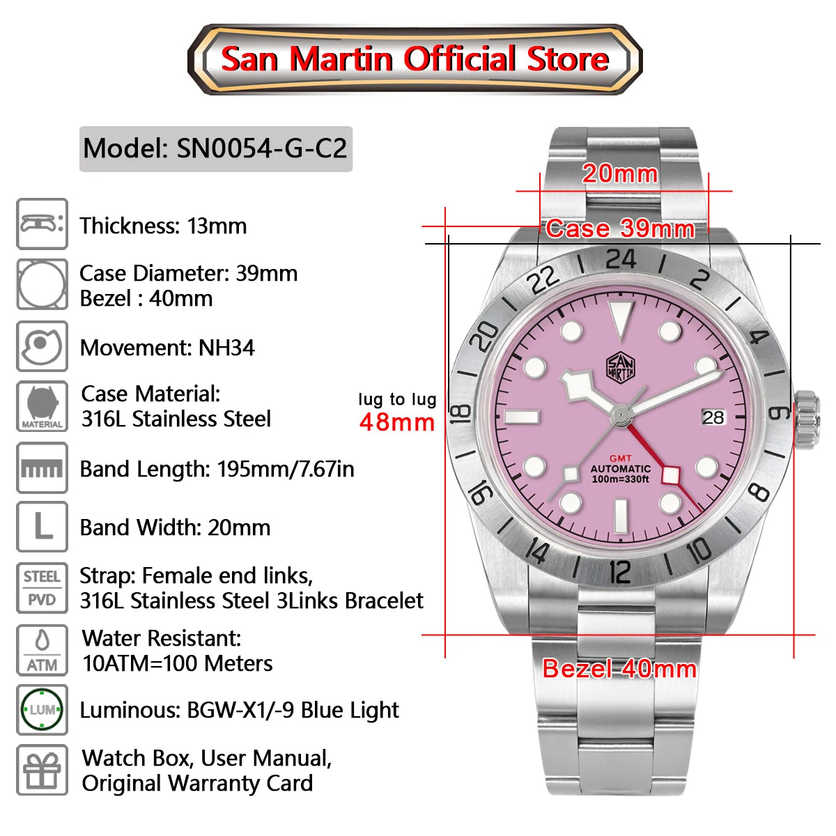 San Martin Pink Dial BB GMT NH34 39mm Classic Luxury Business Men Watch Automatic Mechanical Sapphire Waterproof Relojes SN0054