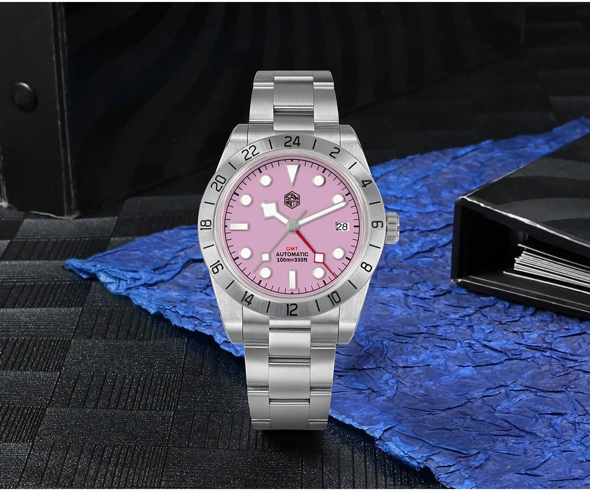 San Martin Pink Dial BB GMT NH34 39mm Classic Luxury Business Men Watch Automatic Mechanical Sapphire Waterproof Relojes SN0054